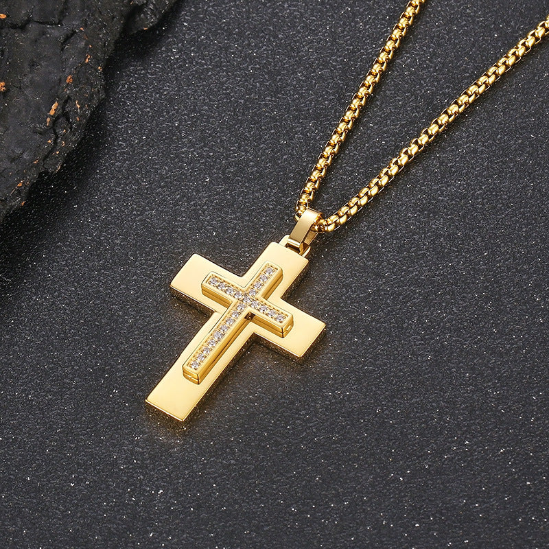 Popular, Cnc Zircon Double-Layer Cross Square Pearl Men's Stainless Steel Necklace