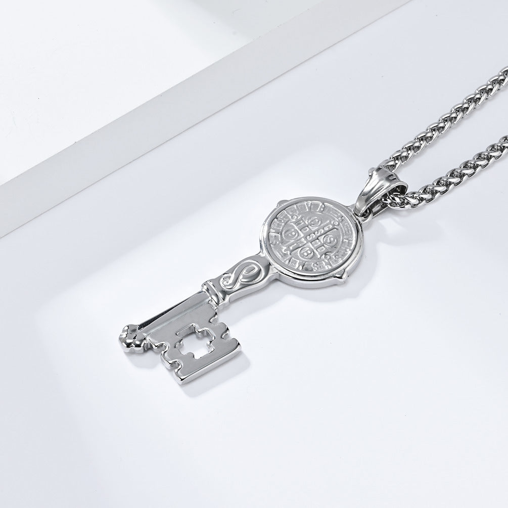 Planderful Saint Benedict Key Necklace Exorcist Titanium Steel Protection Pendant For Gothic Jewelry Lovers