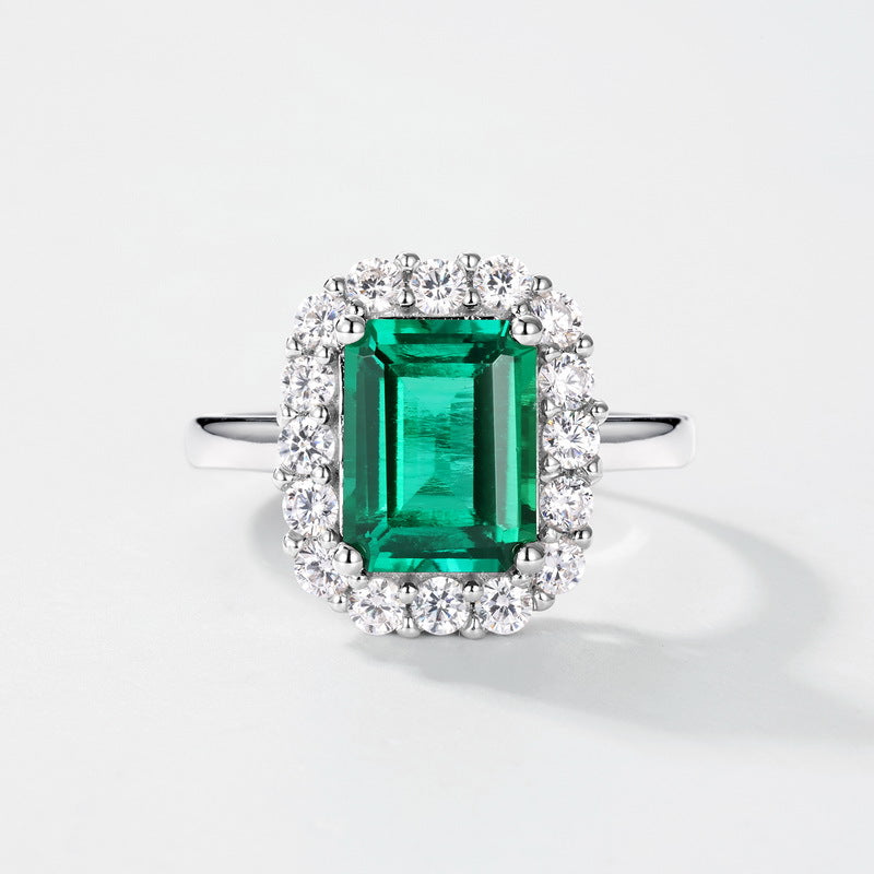 Planderful Jewelry Lab Grown Emerald Ring In Sterling Silver Halo Design With European Style