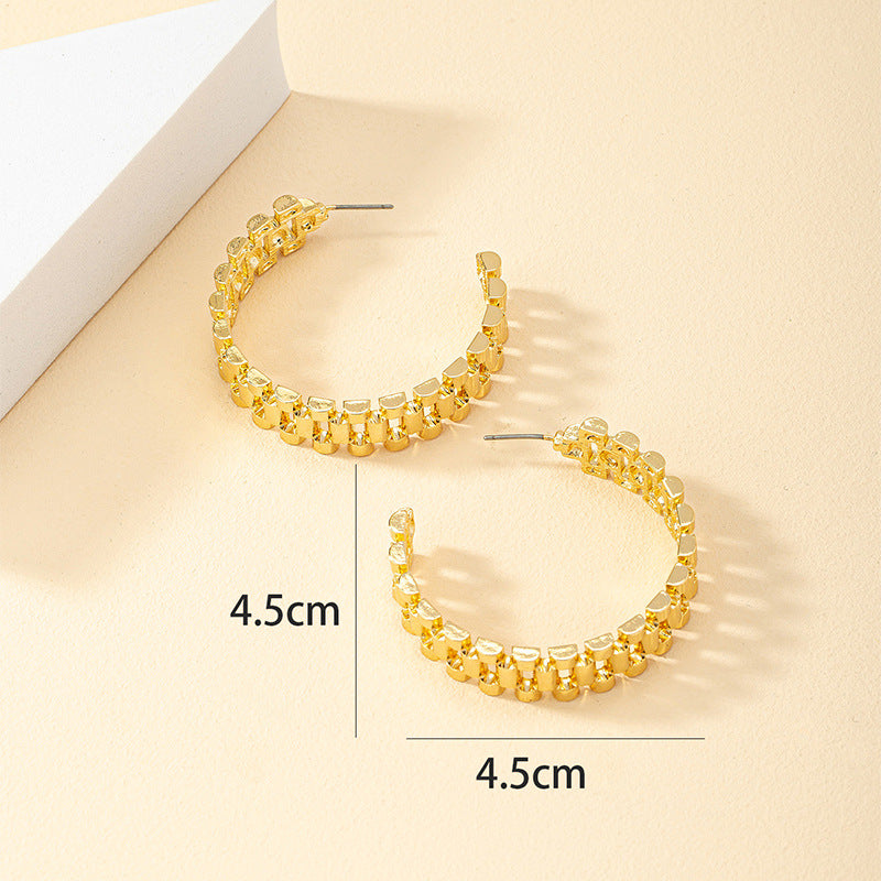 Dazzling Vienna Verve Metal C-Shaped Earrings with Watch Chain Accent