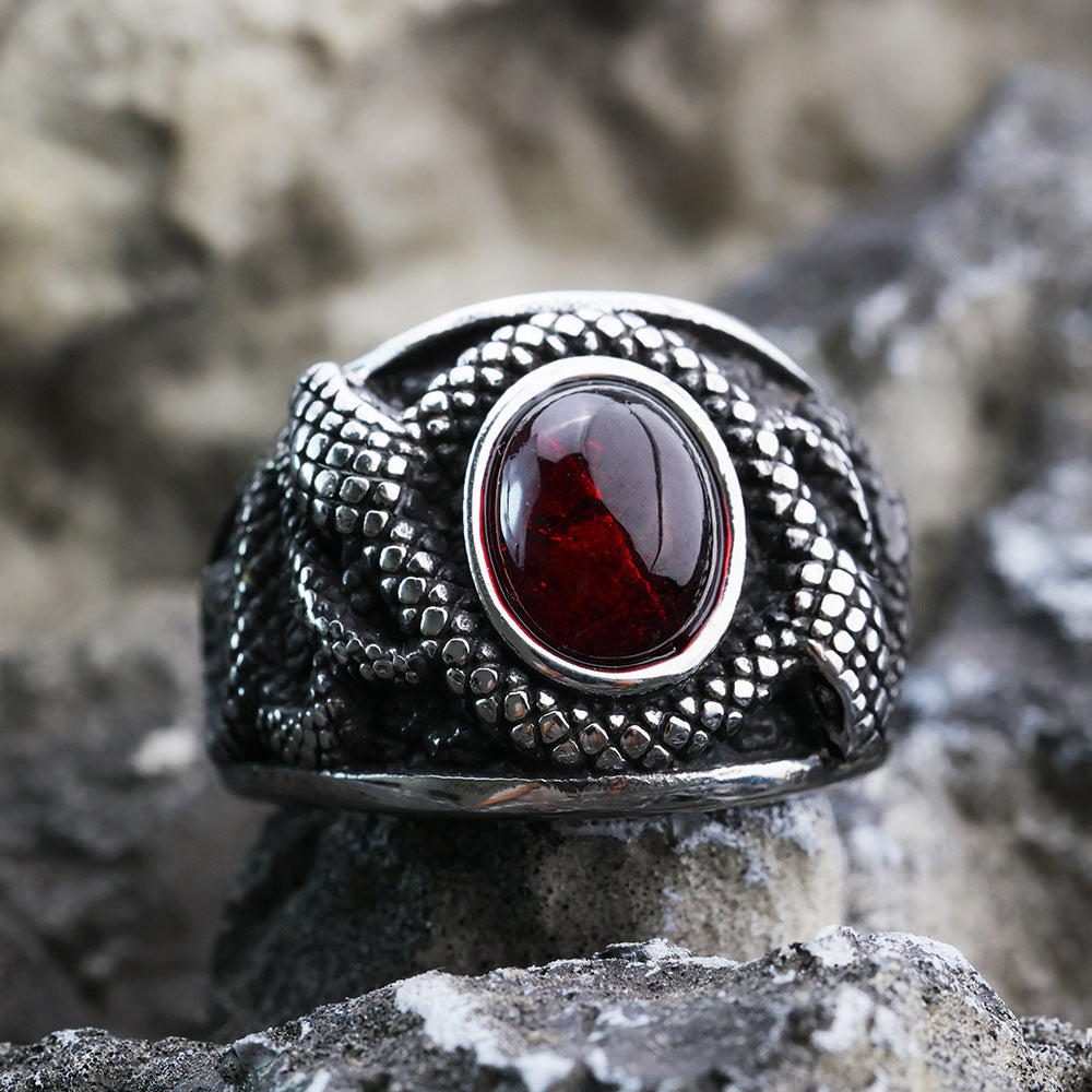 European And American Retro Stainless Steel Men's Ring Personalized Ruby Double Snake Ring