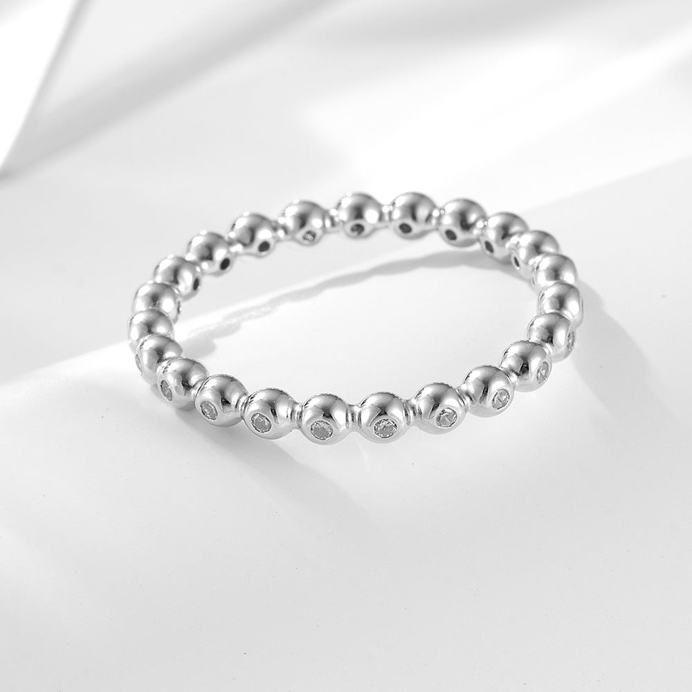 Small Round Bead Inlaid Zircon Sterling Silver Ring