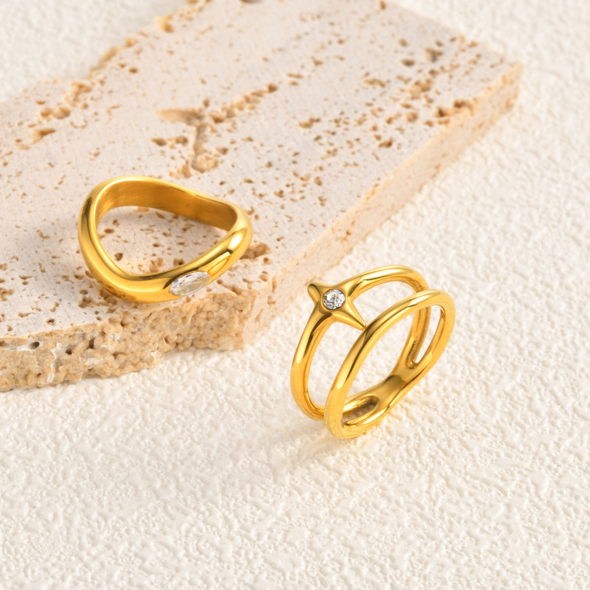 Unique Design Index Finger Ring Stainless Steel Irregular Double Layer Quadrangram Zircon