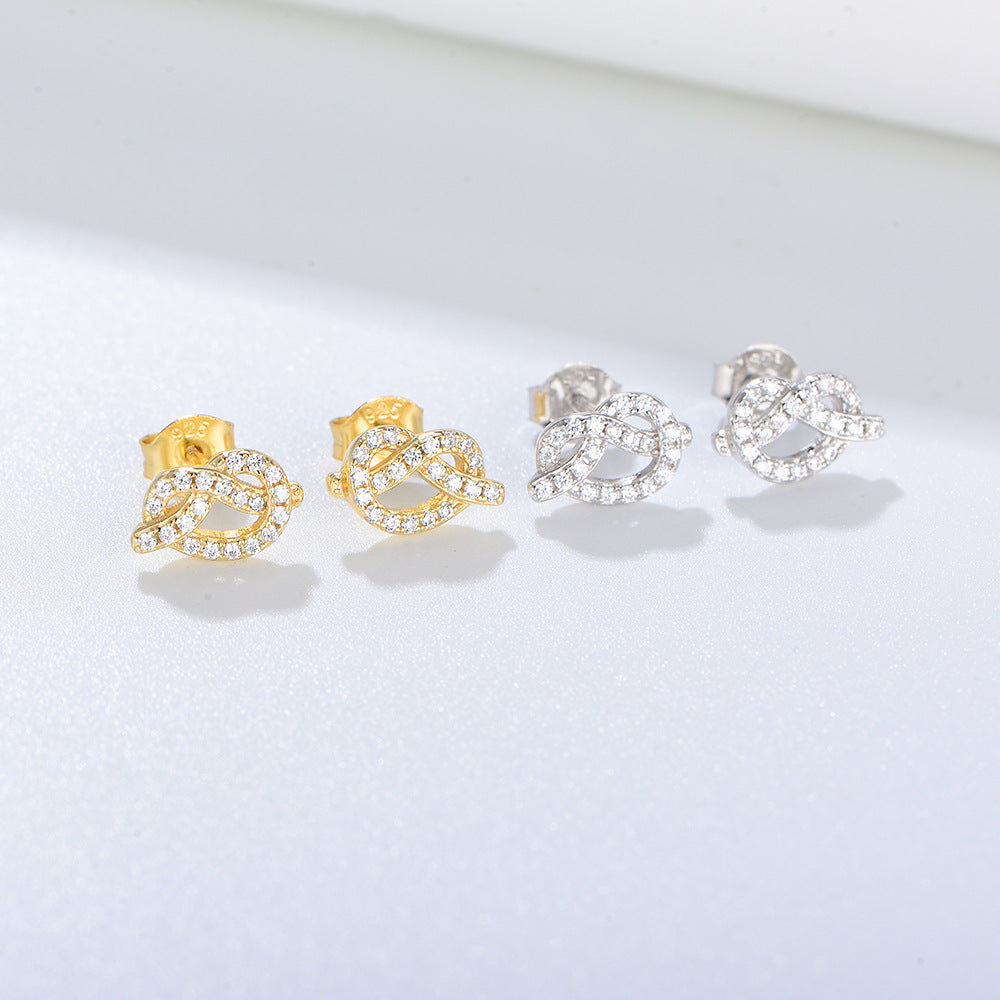 S925 Silver Knotted Rope Knot Geometric Zircon Stud Earrings Design Mini Earrings