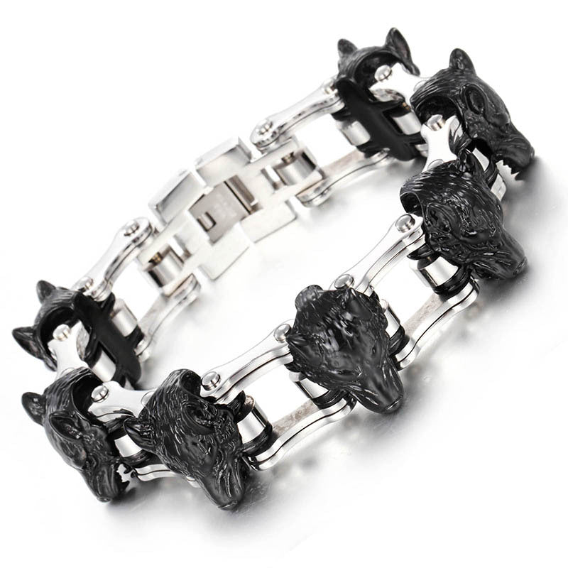Titanium Steel Wolf Head and Lion Head Bracelets for Men, Exaggerated Bicycle Chain Design in Stainless Steel