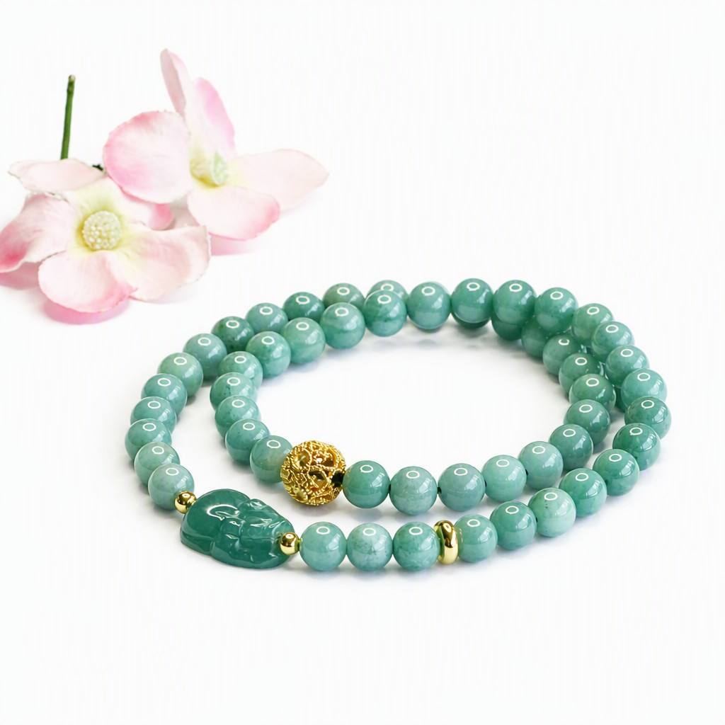Blue Water Jadeite Pixiu & Double-Wrap Beaded Bracelet
