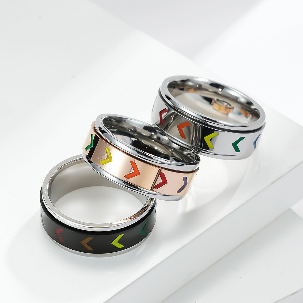 Planderful Rotating Rainbow Flag Ring Titanium Steel Unisex Pride Jewelry For Him And Her