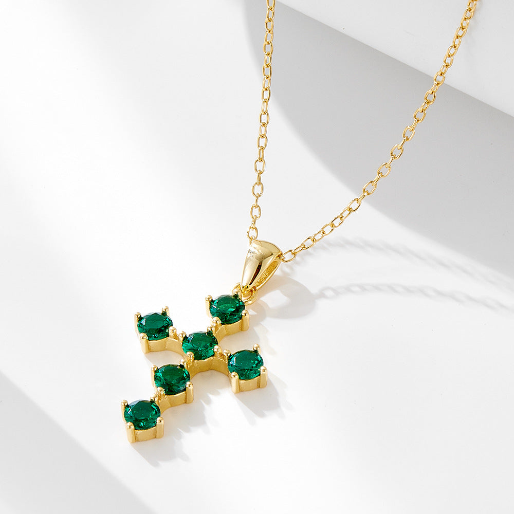Style Retro Emerald Zircon Cross Pendant Necklace 925 Sterling Silver