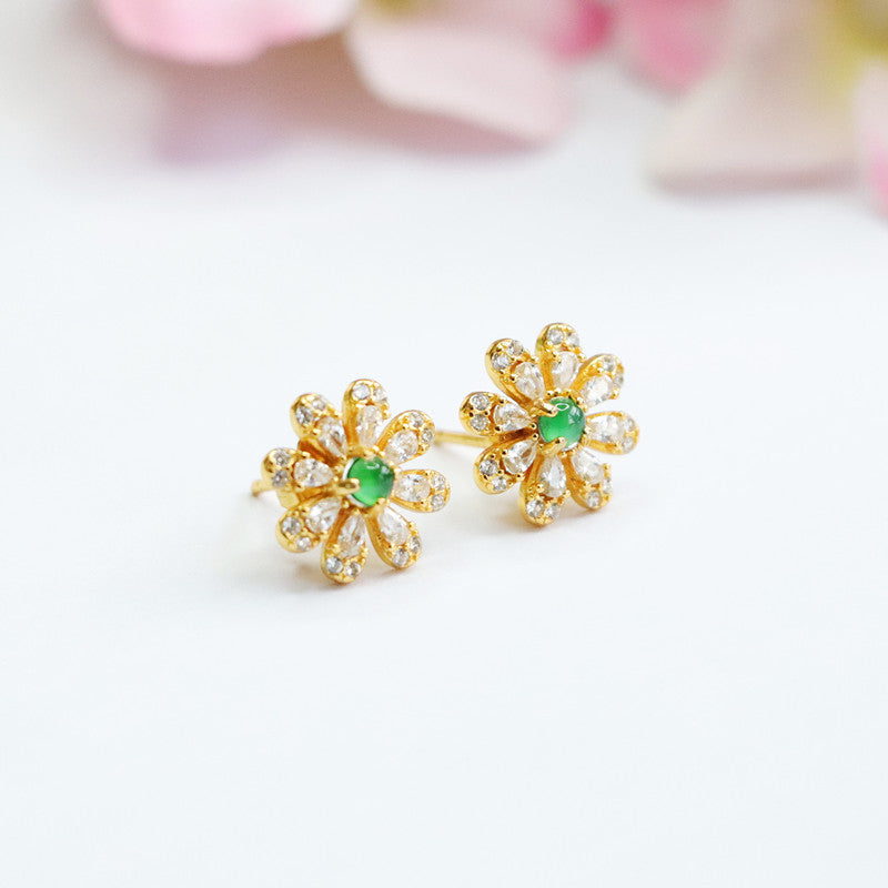 Sterling Silver Daisy Flower Stud Earrings with Natural Green Jade