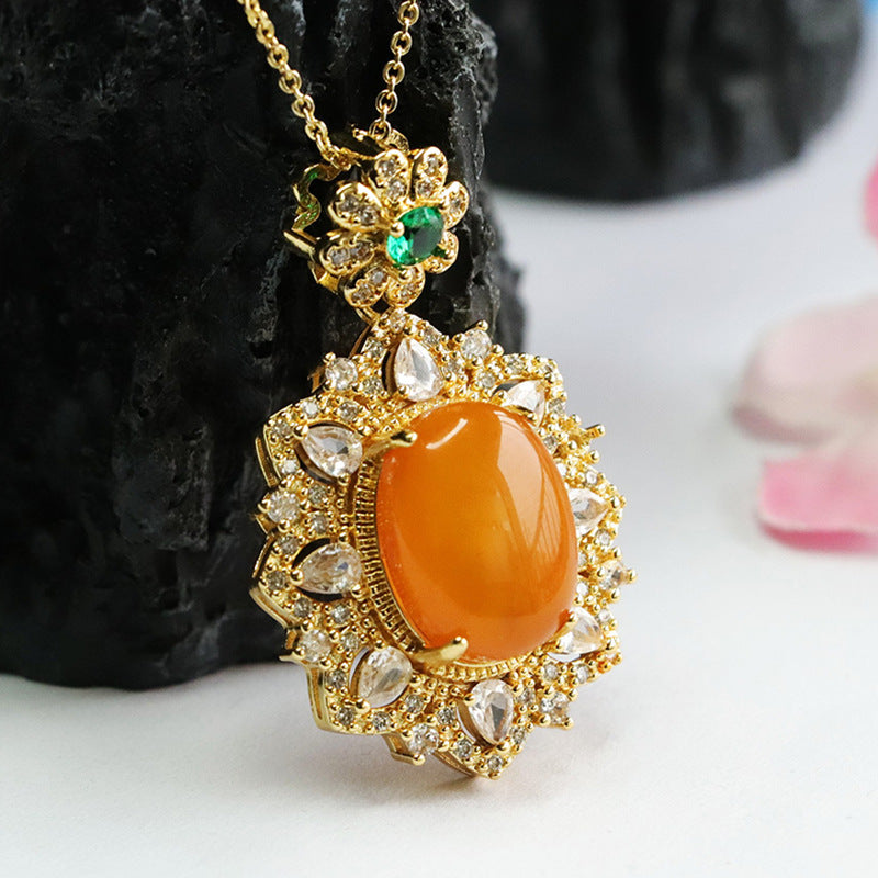 Vintage Golden Zircon Flower Pendant with Sterling Silver Chain