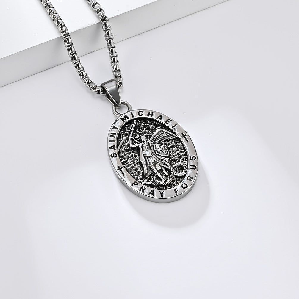 European and American Retro St. Michael's Archangel Titanium Steel Necklace for Men