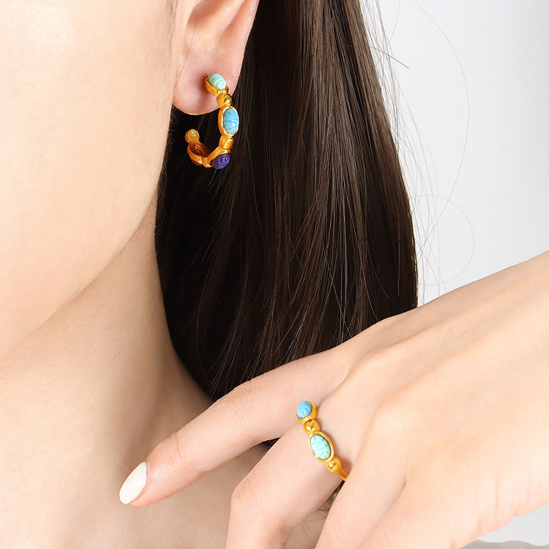 Retro Gold-Plated Titanium Steel Earrings and Ring Set for Women