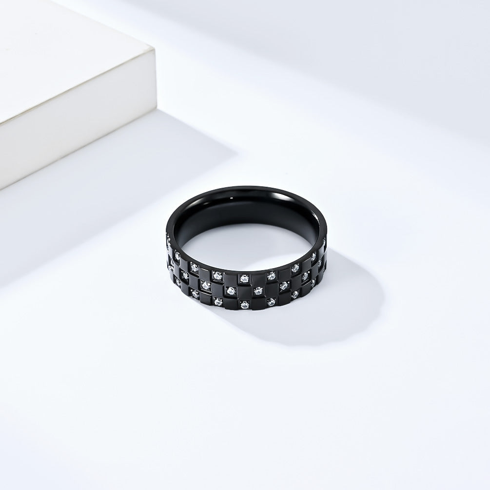 Planderful Zircon Ring Unisex Titanium Steel Inlaid Checkered Zircon For Couples Everyday Genie