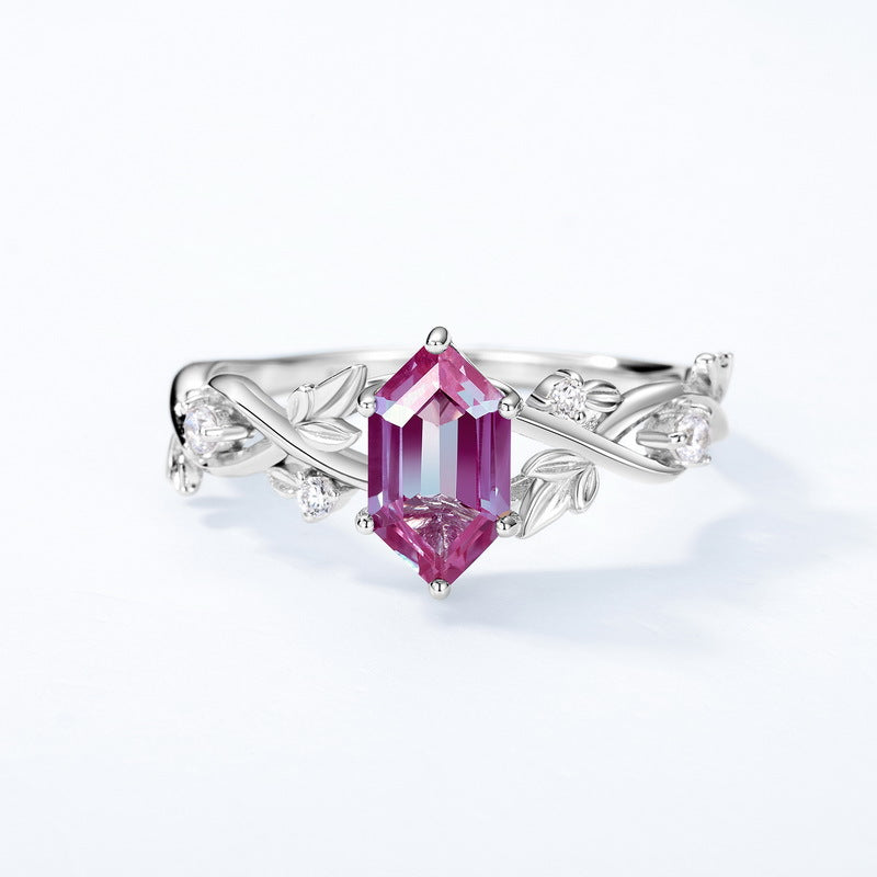 Planderful Jewelry Alexandrite Ring in Sterling Silver Geometric Leaf Design for Everyday Elegance