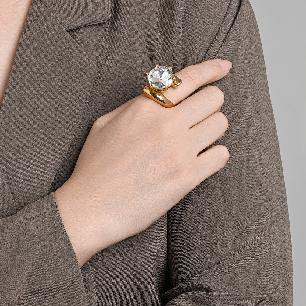 Planderful Zircon Ring For Women Gold Plated Titanium Steel Exaggerated Luxury Temperament