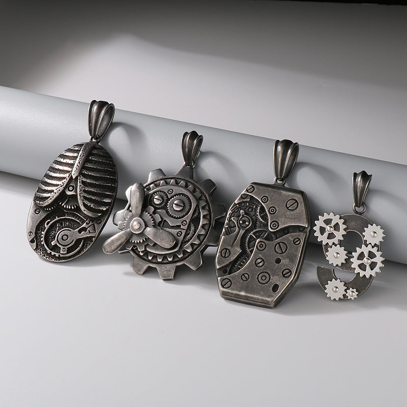 Age Of Steam Pendant, Punk Retro Stainless Steel Boiled Black Mechanical Gear Men's Necklace