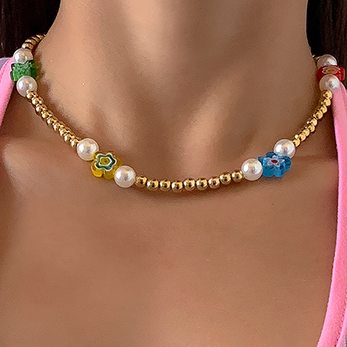 Planderful Glass Flower Necklace For Women Colorful Vacation Style Beaded Creative Clavicle Chain Statement