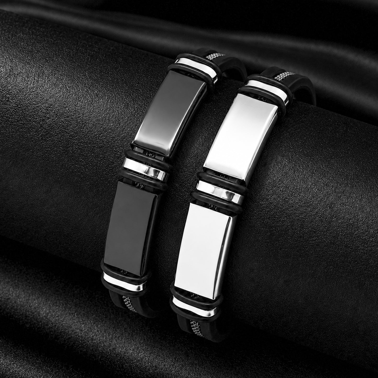 Stainless Steel Leather Rope Bracelet Two Tone Black Silver Men Unisex Protection Statement Planderful Everyday Genie