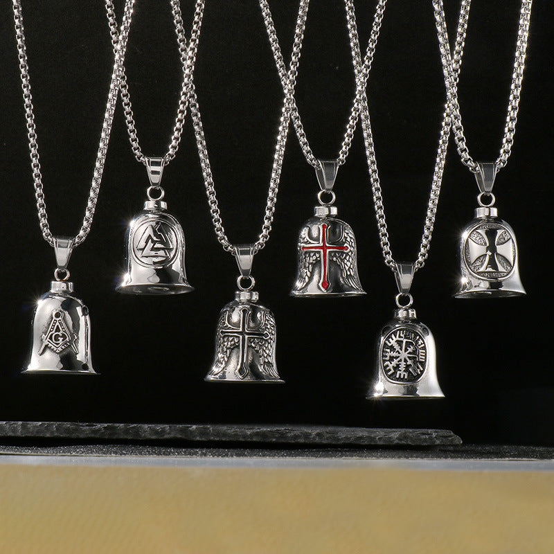 Viking Triangle Charm Locomotive Hanging Bells, Vintage Masonic Cross Angel Wings Bells Titanium Necklace