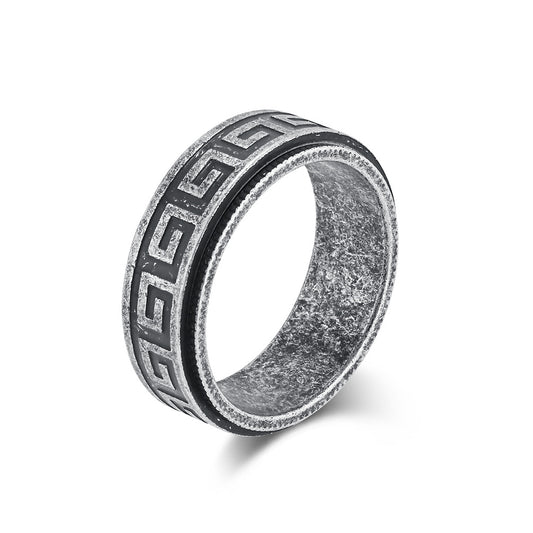 Planderful Rotatable Decompression Ring For Men With Retro Great Wall Pattern In Titanium Steel