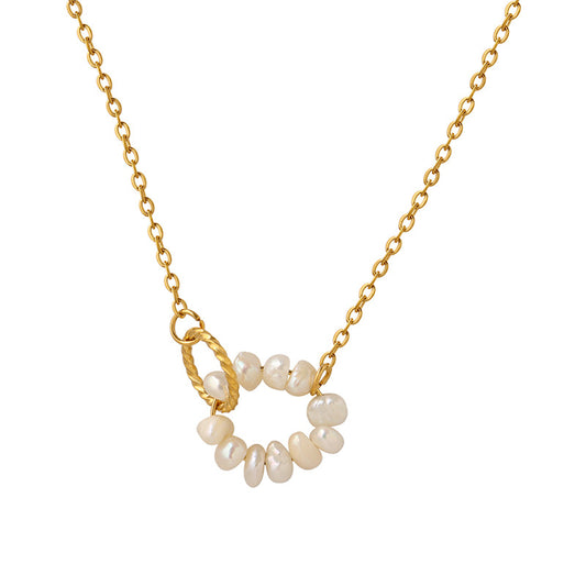 Elegant Circular Freshwater Pearl Necklace with Gold Plated Collarbone Chain