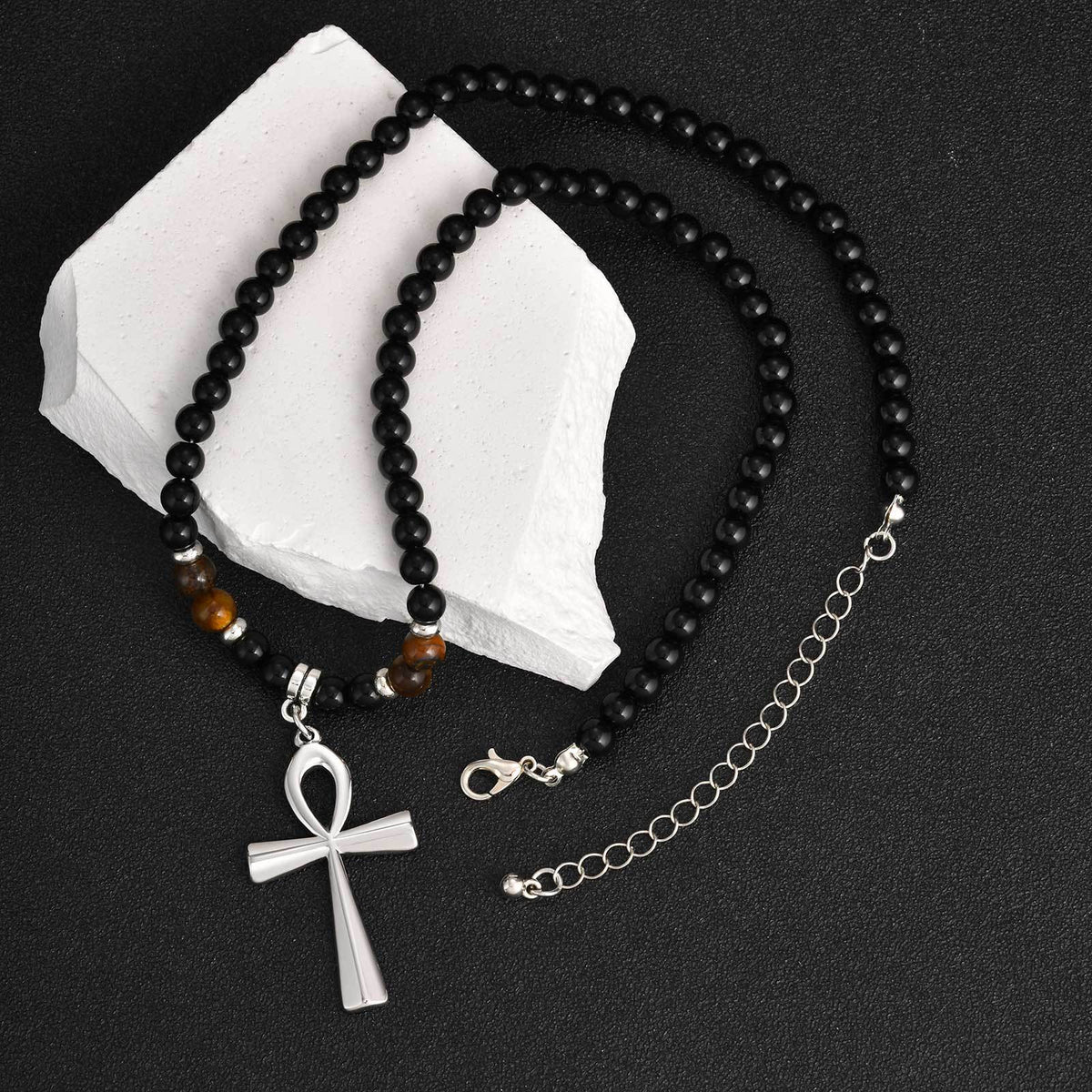 Stainless Steel Anka Cross Black Acrylic Round Beads Natural Tiger's Eye Beaded Necklace