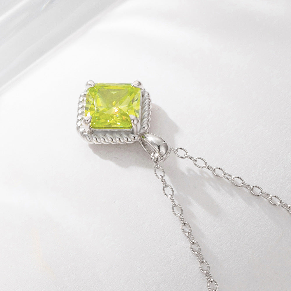 Geometric Square Green Zircon Pendant Necklace S925 Sterling Silver Zircon Necklace