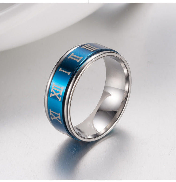 Planderful Mens Titanium Steel Ring With Rotating Roman Numerals Blue High End Index Finger Ring
