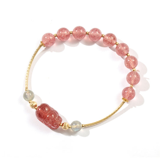 Strawberry Crystal Pixiu Bracelet with 14K Gold Plating and Sterling Silver Needle