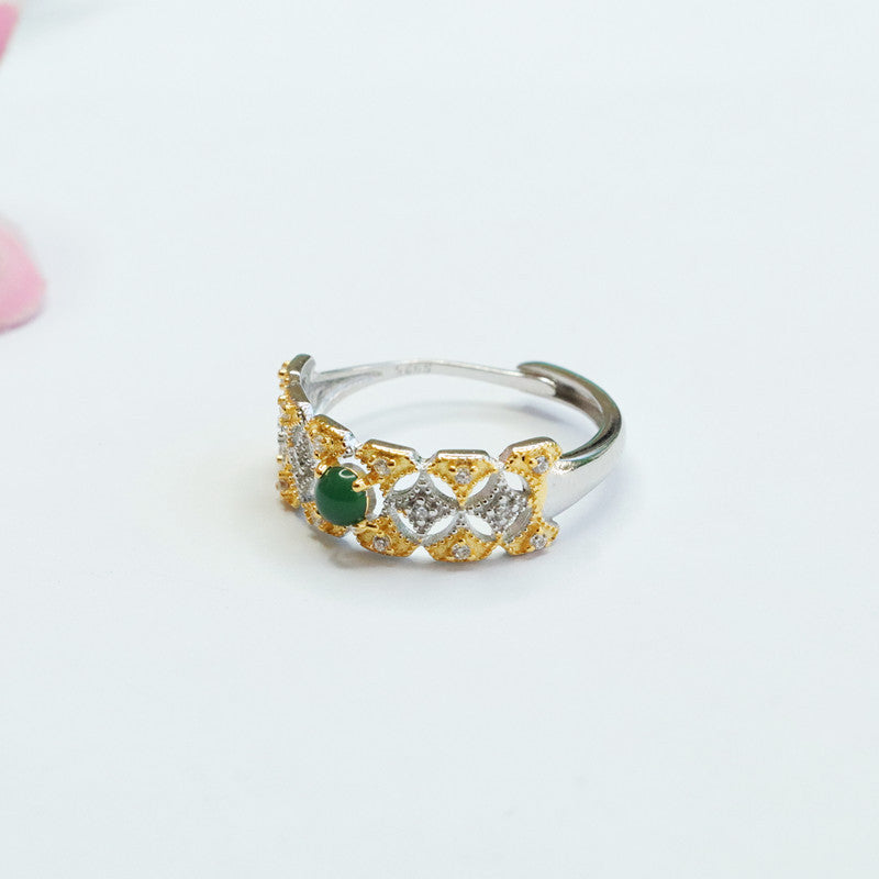 Icy Green Jadeite Openwork Star 925 Silver Ring