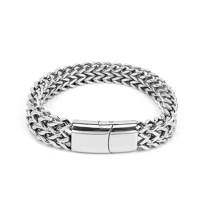 Planderful Jewelry Mens Titanium Double Row Chain Bracelet Stainless Steel Luxury Gift