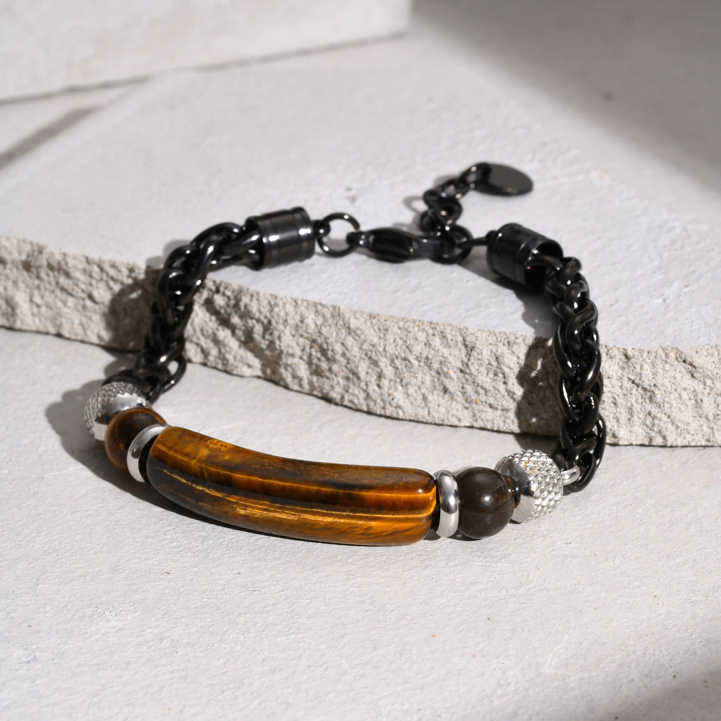 Stainless Steel Flower Basket Chain Black Agate Tiger's Eye Beaded Bracelet for Men