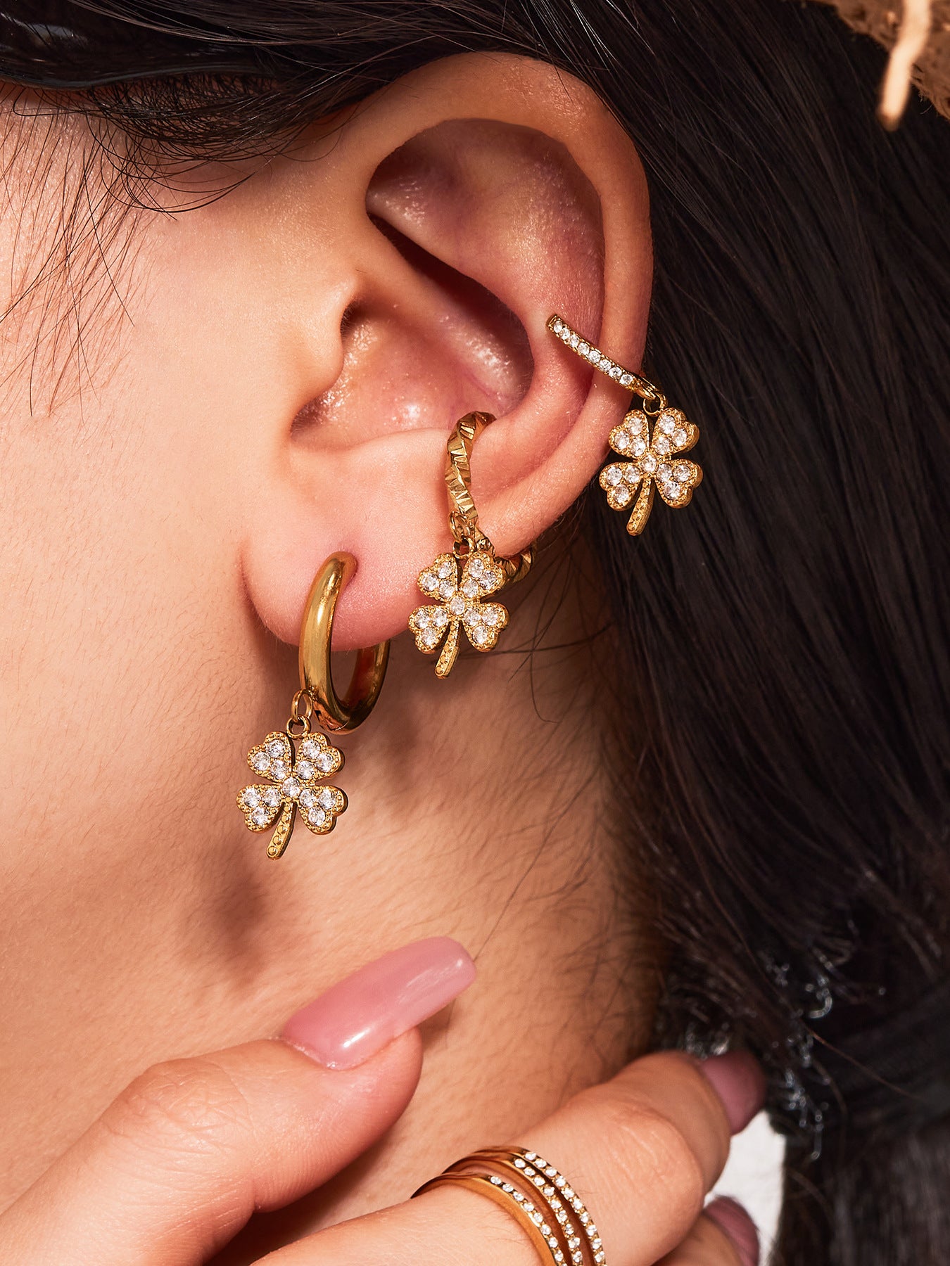 Planderful Four Leaf Clover Zircon Earrings Gold For Women