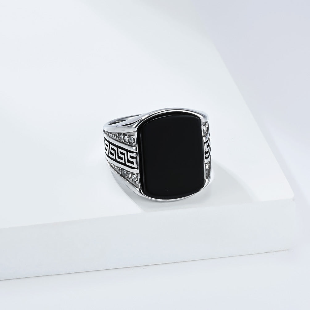 Planderful Titanium Steel Ring For Men Autumn Retro Great Wall Pattern Inlaid Black Stone