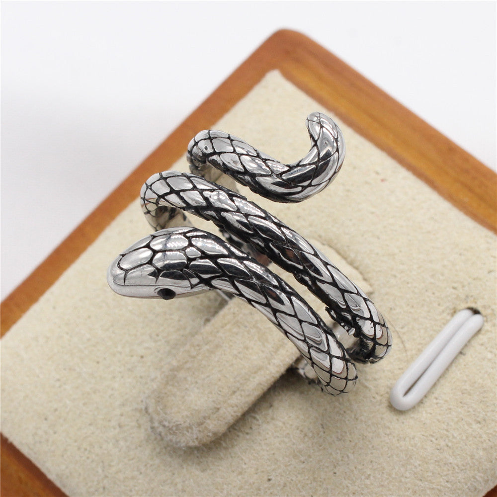 Retro Coiled Snake Zircon Titanium Steel Ring for Men
