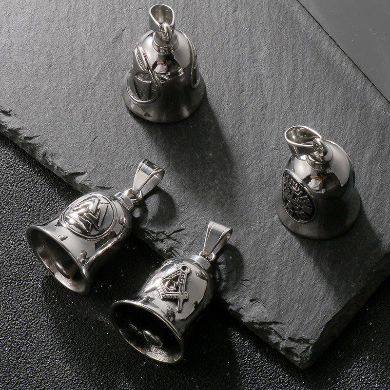 Viking Triangle Charm Locomotive Hanging Bells, Vintage Masonic Cross Angel Wings Bells Titanium Necklace