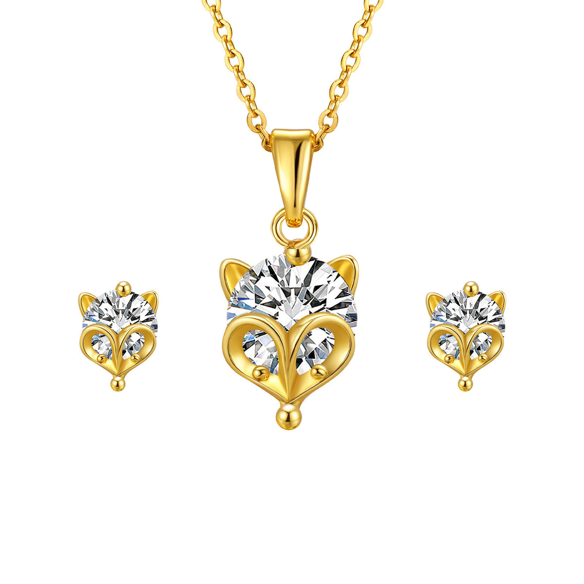 Copper Zircon Fox Necklace – Stud Earrings – Collarbone Chain