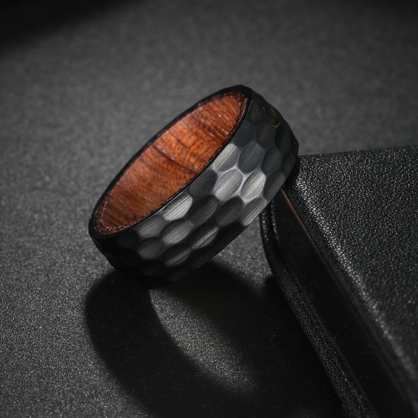 Planderful Everyday Genie Titanium Steel Ring With Pear Wood Inlay 8mm Beating Pattern Unisex For Men