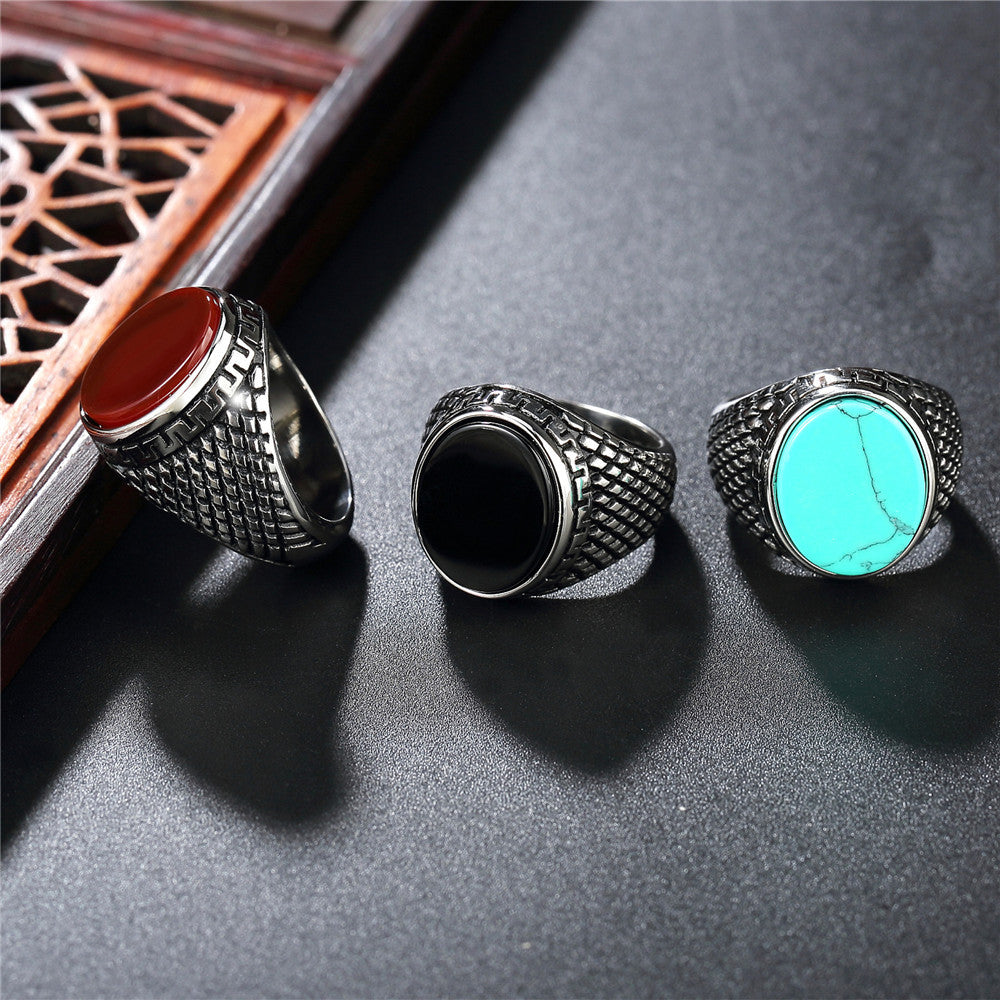 Planderful Unisex Stainless Steel Ring With Round Gemstone Retro European American Design Protection Statement