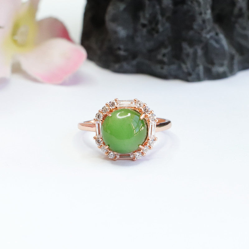 Hetian Jade and Jasper Silver Ring with Zircon Accents