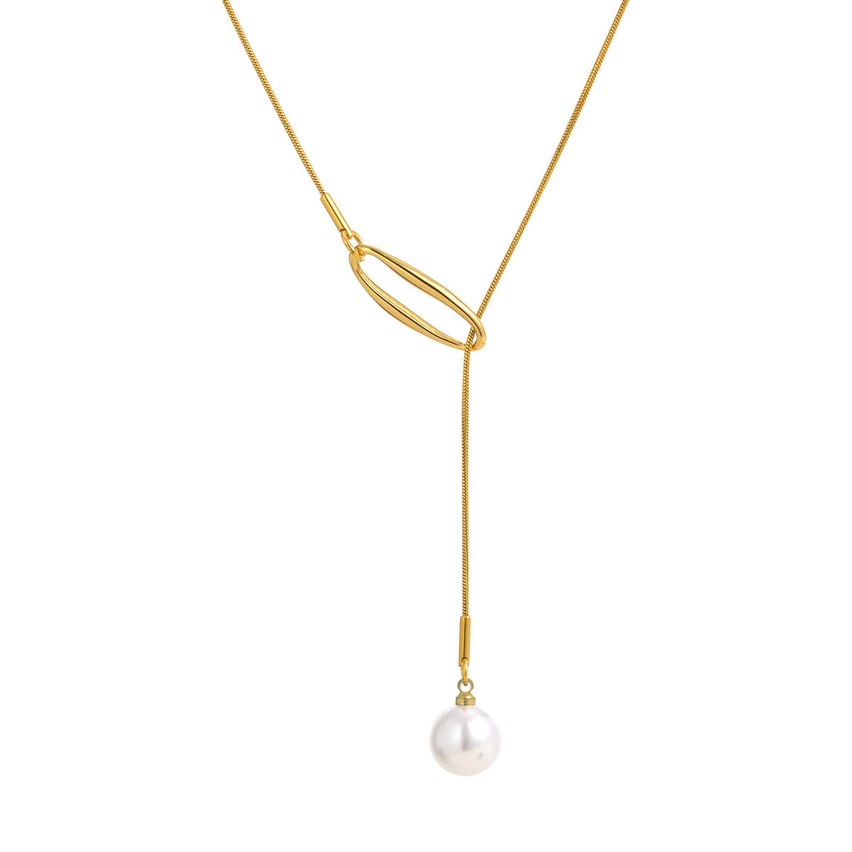 Stylish Stainless Steel Round Snake Chain Hollow Geometric Imitation Pearl Y-Shaped Necklace