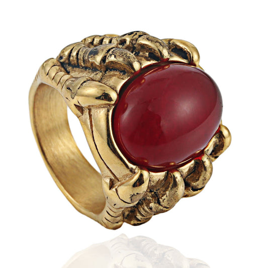 Punk Red Stone Titanium Steel Ring for Men - Stylish European and American Design with Red Crystal