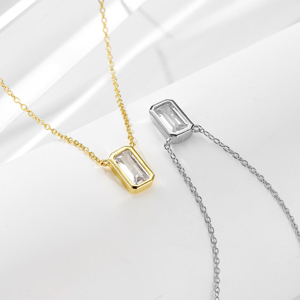 925 Sterling Silver Geometric Rectangular Zircon Pendant Necklace