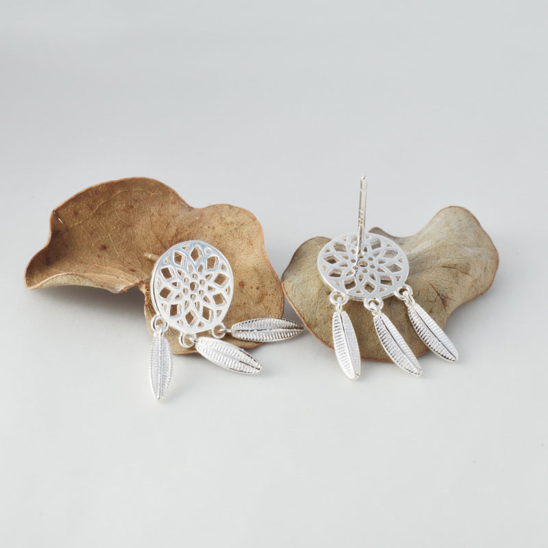 Feather Grid Dream Catcher Polished Sterling Silver Drop Earrings