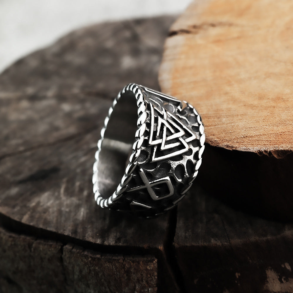 European and American Jewelry Wholesale Men's Titanium Steel Ring Rust-Free Viking Triangle Rune Design