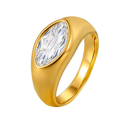 Stainless Steel Special-Shaped Large Zircon Horse Eye White Zircon Ring Women's