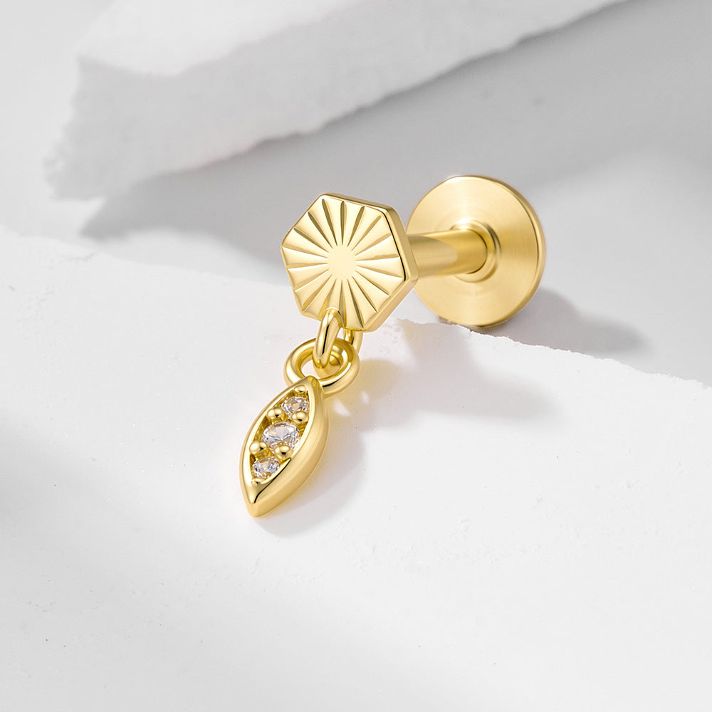 S925 Sterling Silver Flat Bottom Thread Piercing Earbone Nails, Geometric Zircon Earrings In