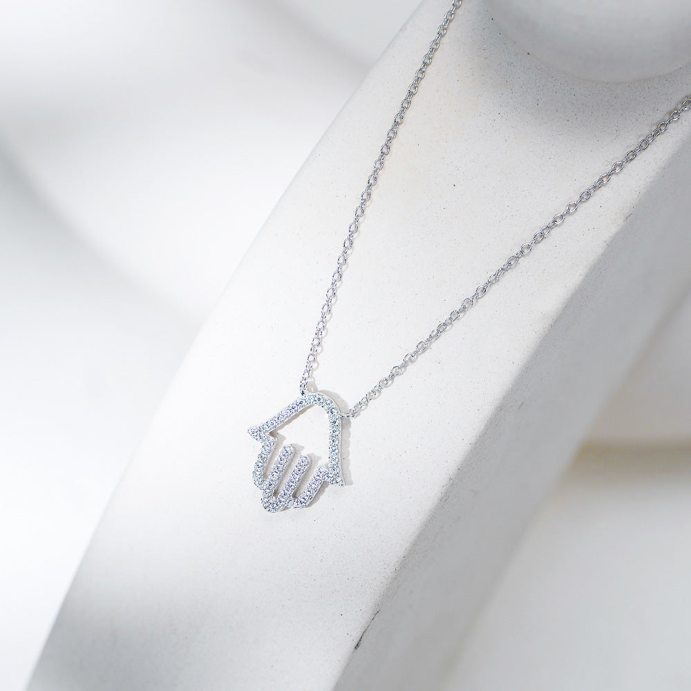 Planderful S925 Sterling Silver Zircon Palm Necklace for Women Hollow Out Pendant High End Collarbone Chain