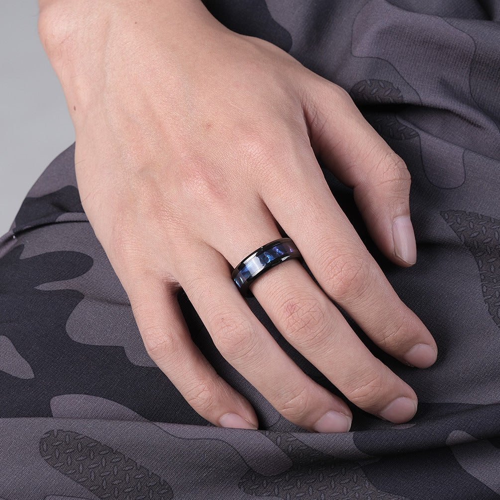Men's Titanium Steel Black Ring with Purple Inlay Jewelry