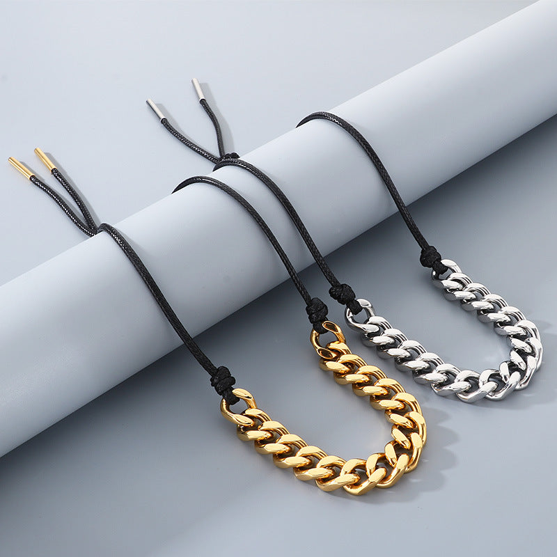 Vintage Necklace, Western Denim Black Wax Rope Splicing Cuban Chain, Long Adjustable Stainless